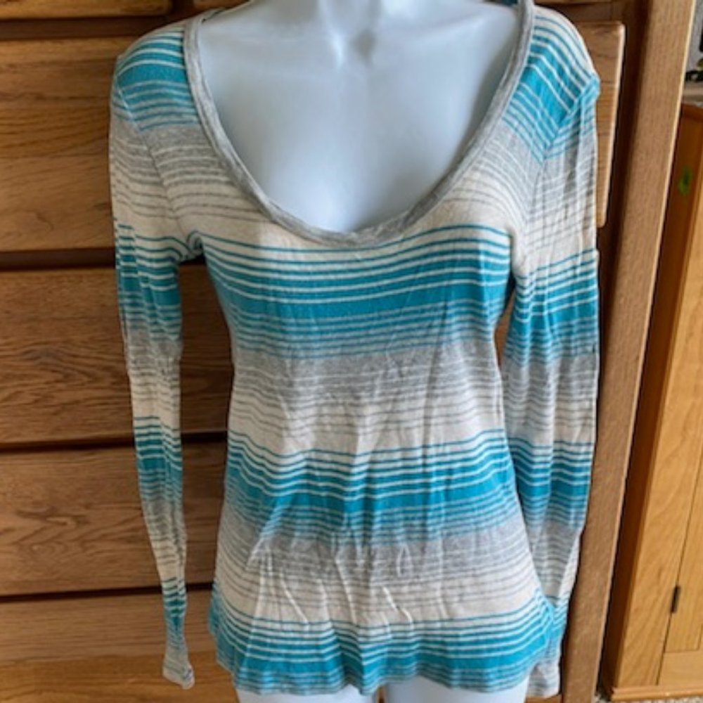 OLD NAVY * Turquoise & Gray SOFT SEXY l/s DEEP SCOOP NECK trendy skinny slvs * S